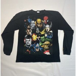 VINTAGE Marvel Shirt Mens SMALL Black All Over Print Heroes Y2k Long Sleeve
